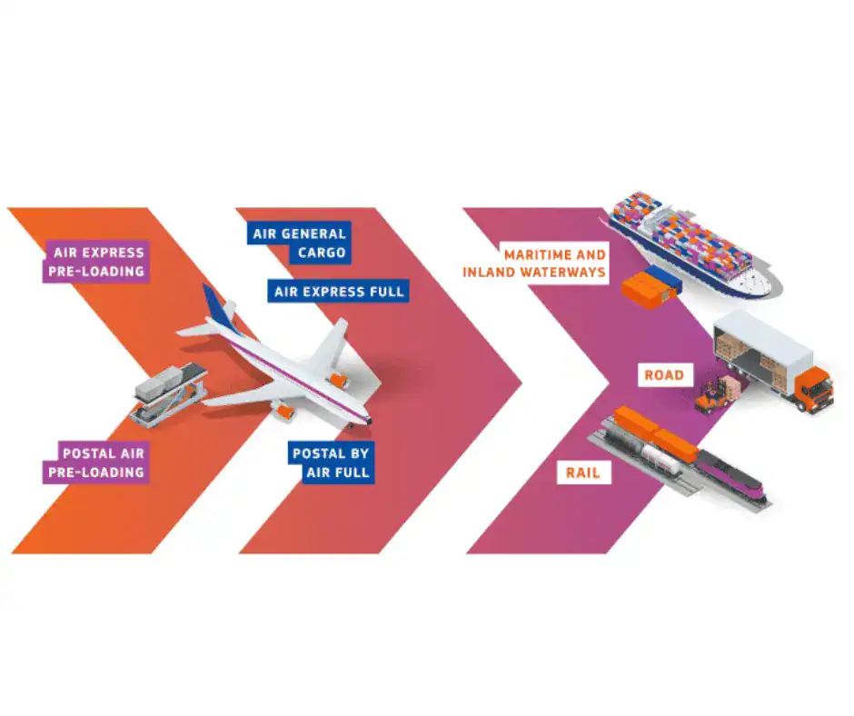 Colorful infographic showing the types of international shipping by means of transport