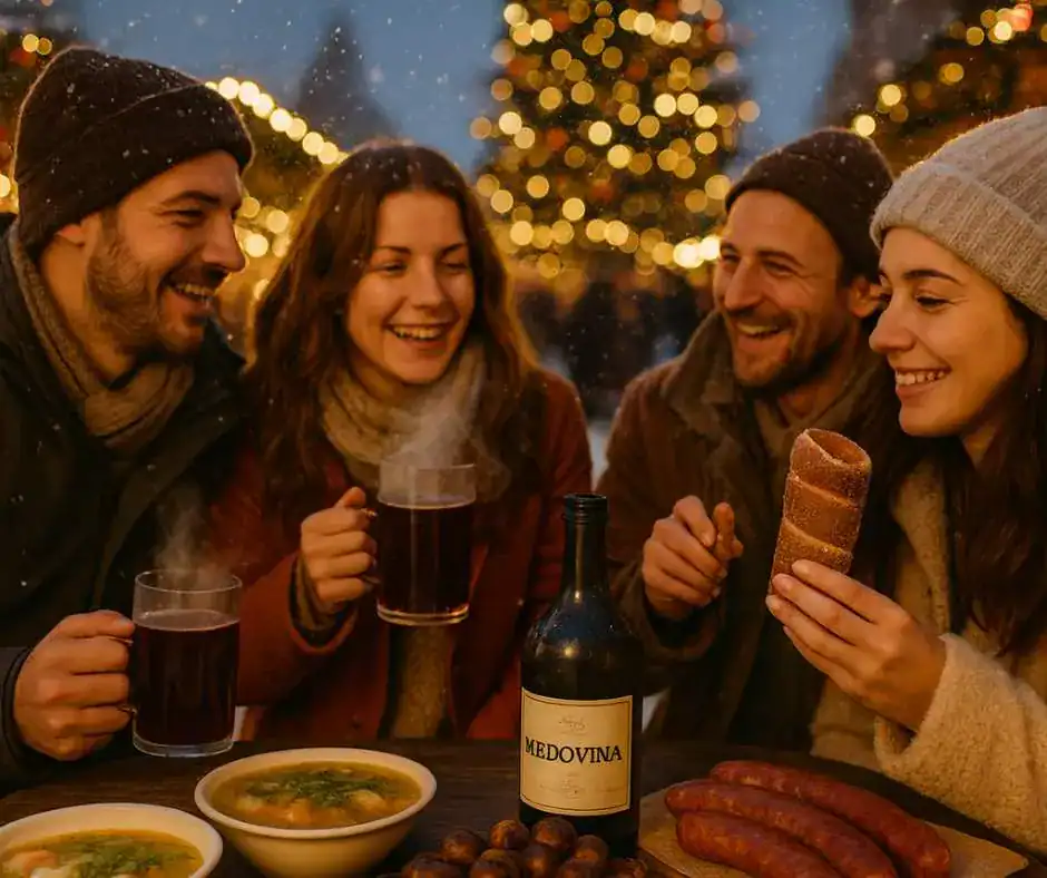Christmas Foods in Prague - Four friends at the Prague Christmas Market sitting around a wooden table with traditional foods - fish soup (rybí polévka), Czech sausages, roasted chestnuts, and a steaming bottle of medovina. One is holding a Trdelník, while the others hold glasses of mulled wine. In the background, snow is falling, holiday lights are twinkling, and a Christmas tree is illuminated.