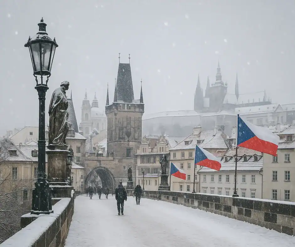 Christmas in the Czech Republic - The snowy Charles Bridge in Prague, with historic statues, people strolling, and Czech flags waving against the backdrop of St. Vitus Cathedral.