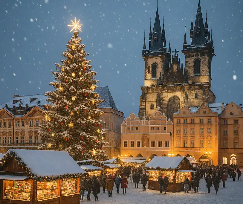 Christmas in Prague - Old Town Square in Prague during snowfall, with an illuminated Christmas tree, traditional wooden stalls, and a crowd of visitors in a magical winter atmosphere.