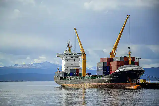 A large cargo container ship is docked at a port, being loaded or unloaded by two tall yellow cranes. The background features calm water, a cloudy sky, and mountains with snow-capped peaks.