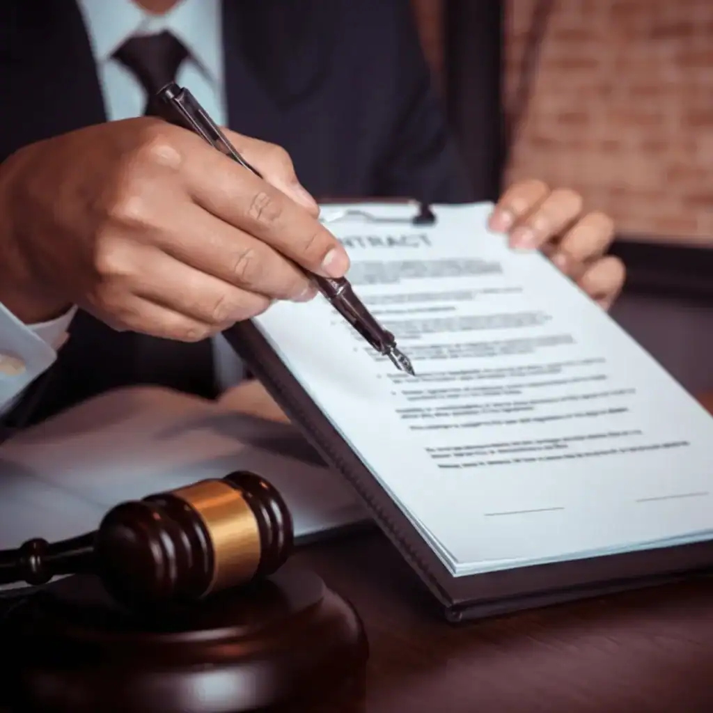 A person in a suit points a pen at a contract on a clipboard, held over a wooden desk with a gavel.