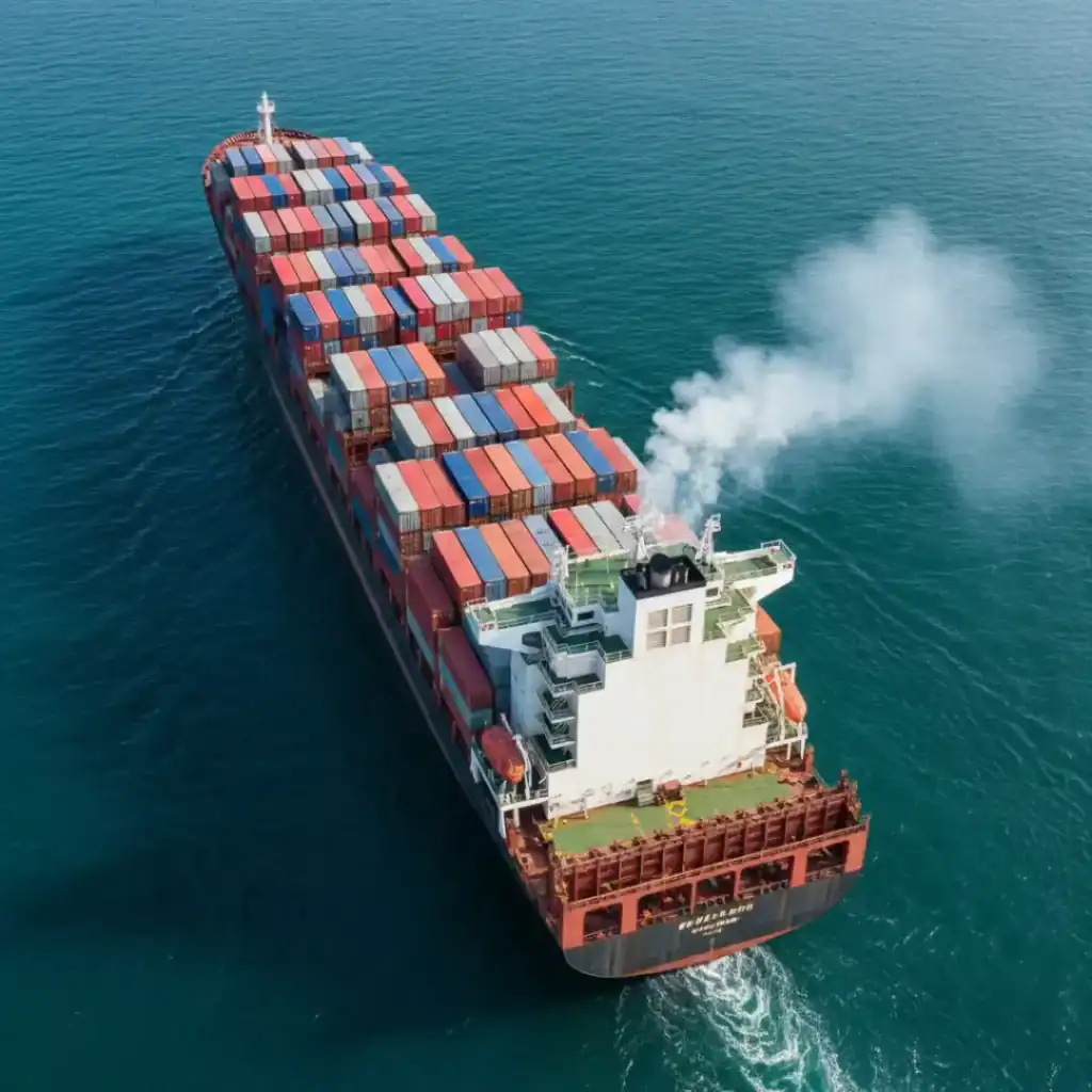 An aerial view shows a large container ship heavily loaded with multicolored shipping containers, sailing on a calm blue sea, with white smoke emanating from its smokestack.