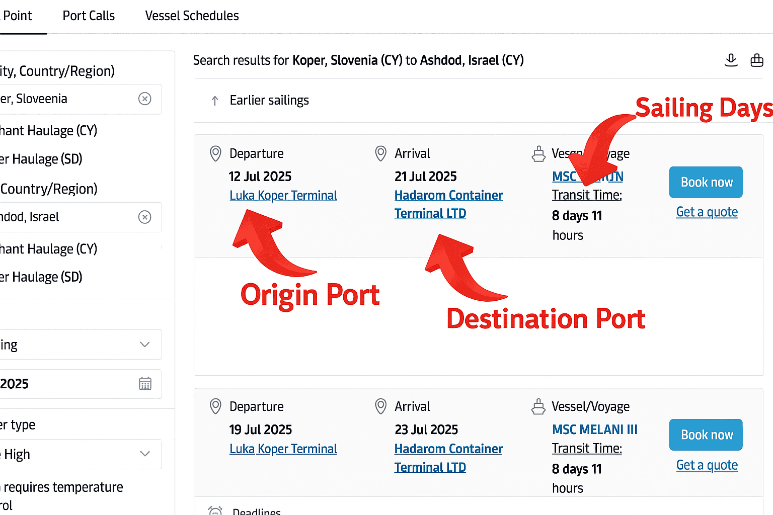 A shipping schedule search results page showing vessel departures from Koper, Slovenia to Ashdod, Israel.