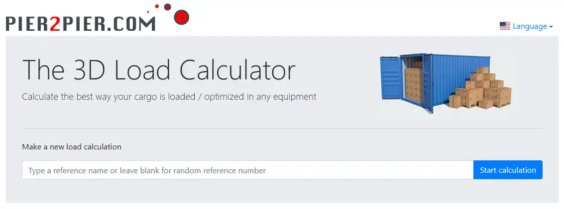 A webpage for "PIER2PIER.COM" advertises a "The 3D Load Calculator," which helps calculate the best way to load cargo into equipment. The page features a visual of a partially loaded blue shipping container with several cardboard boxes stacked outside it, and an input field to "Type a reference name or leave blank for random reference number" before clicking "Start calculation."