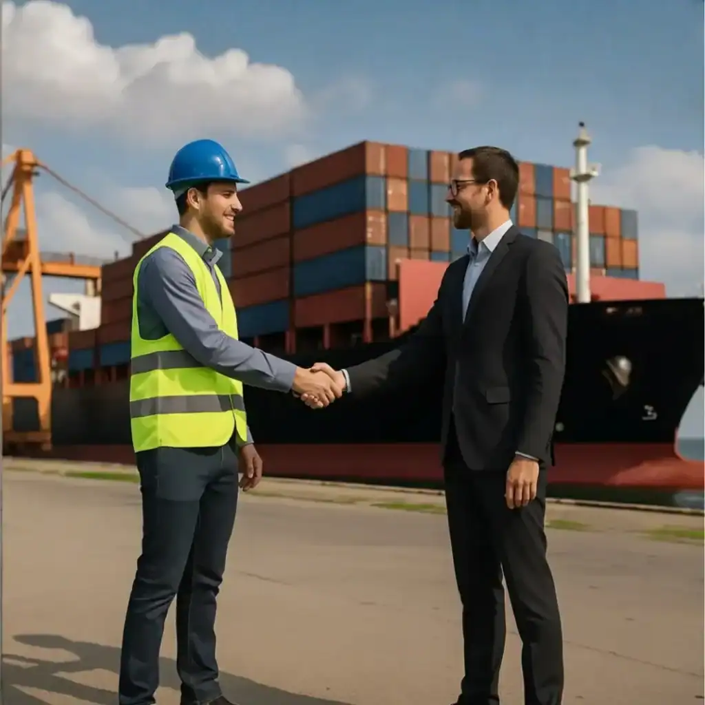 Two men, one in a hard hat and safety vest, the other in a suit, shake hands in a port with a large cargo ship and shipping containers in the background.
