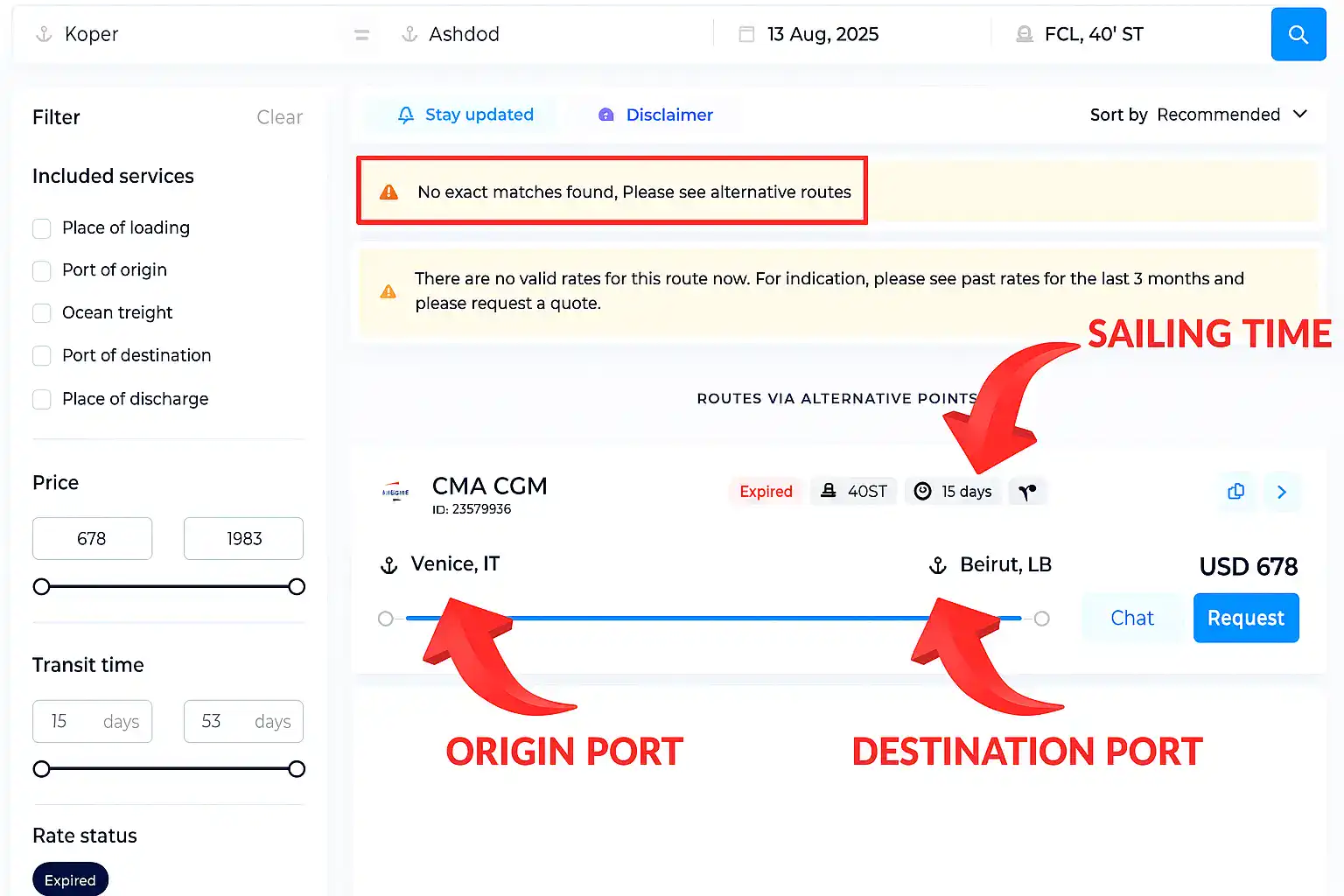 Screenshot of a freight shipping website showing search results for a route from Koper to Ashdod on August 13, 2025.