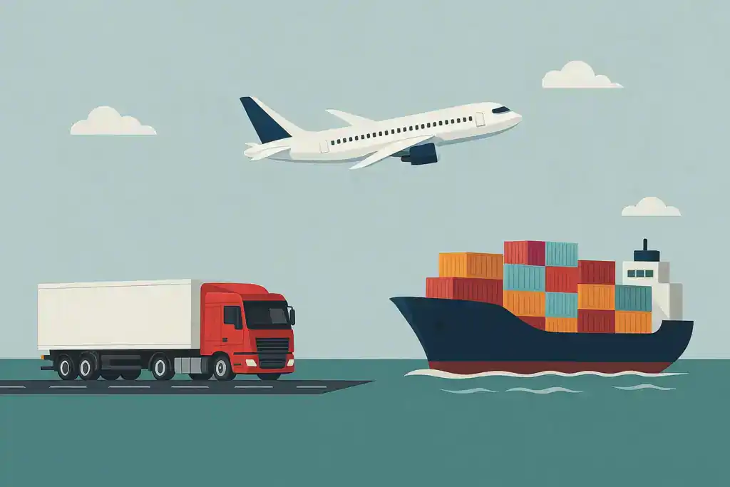 An illustration showing the three main modes of international commercial transport: a large cargo ship loaded with containers on the water, an airplane flying overhead, and a red and white truck on the road.