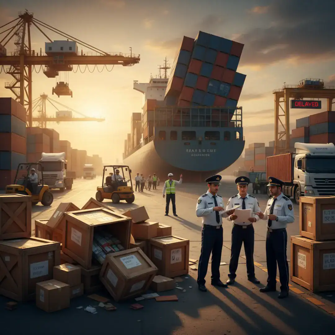 A bustling shipping port at sunset with several customs or port authority officers in uniform reviewing documents in the foreground. Behind them, there are stacks of wooden crates and scattered papers, suggesting a mishap or a complex situation. In the background, a large container ship is visibly listing with stacked containers askew, and a "DELAYED" sign is displayed on a gantry crane. Trucks, forklifts, and other port workers are also visible, contributing to a scene of active, yet potentially problematic, logistics.