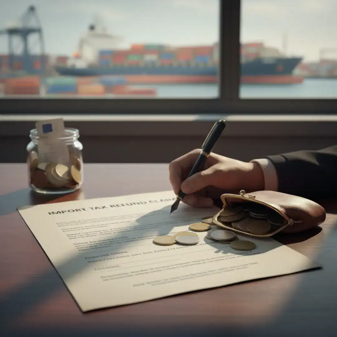 A person's hand is signing an "IMPORT TAX REFUND CLAIM" document on a wooden desk. To the right of the document, a brown leather coin purse is overflowing with gold and silver coins. Behind the document, a glass jar filled with more coins and a rolled-up bill is visible. In the background, out of focus, a large cargo ship is docked in a harbor, seen through a window. The scene suggests financial transactions related to international trade