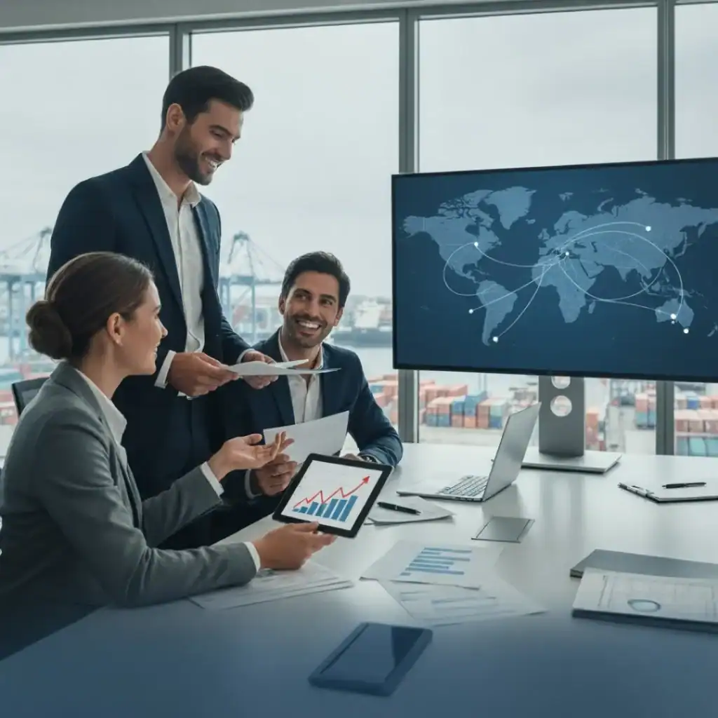 Three diverse business professionals are meeting in a modern office with large windows overlooking a port with shipping containers. One man stands while two individuals, a man and a woman, are seated at a table. The woman holds a tablet displaying a bar graph with an upward trend. On a large monitor in the background, a world map with interconnected lines is displayed, symbolizing global trade and logistics.