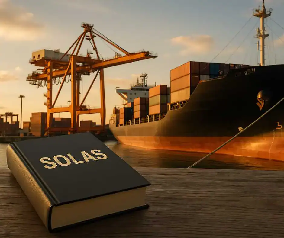 A black book labeled 'SOLAS' rests on a wooden dock with a large container ship and crane in the background at a port during sunset.