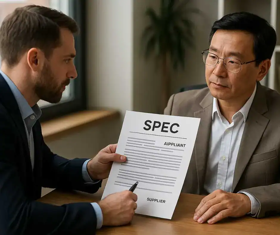 A close-up image of two men sitting across a desk. A Caucasian man on the left, wearing a blue shirt and suit jacket, is pointing with a pen at a document titled "SPEC" (Specification), which also has the labels "APPLICANT" and "SUPPLIER" printed on it. He appears to be explaining the document to an Asian man on the right, who is wearing glasses and a tan jacket and listening intently.