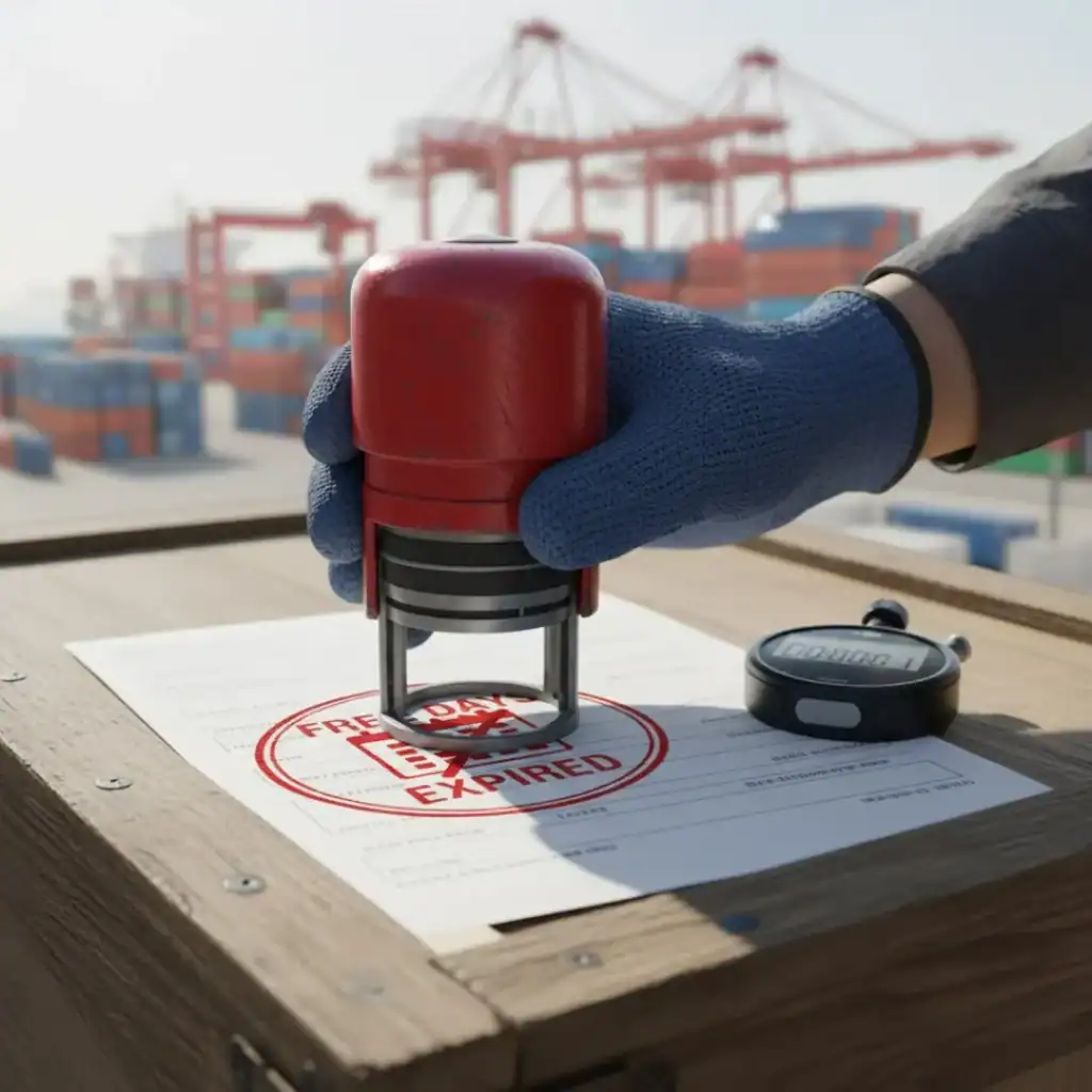 A gloved hand stamps "FREE DAYS EXPIRED" in red ink on a document lying on a wooden crate. A digital stopwatch showing "00:00:00" is beside the document. In the blurred background, a busy shipping port with cranes and containers is visible under a clear sky.