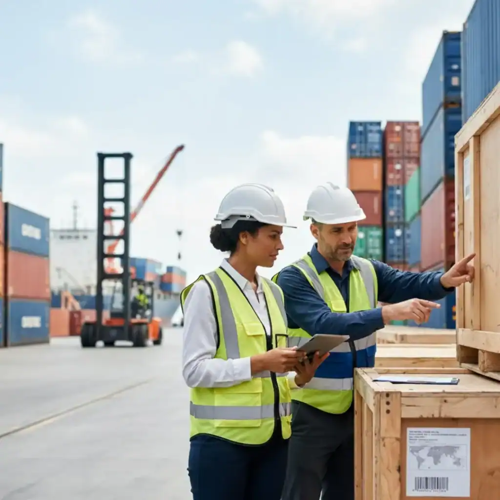 Logistics professionals inspecting cargo at a busy shipping port.