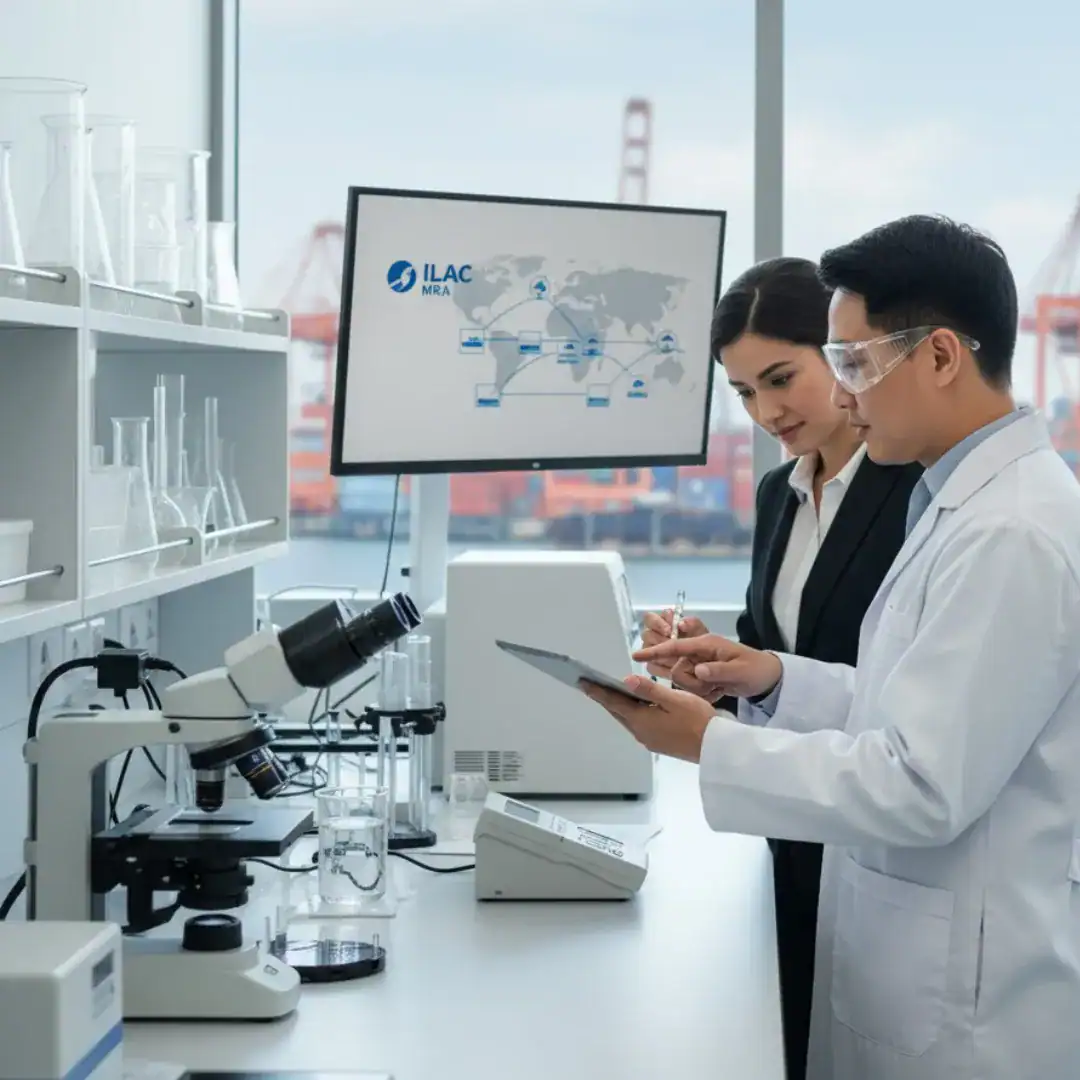 Two professionals in a laboratory setting, with scientific equipment and a monitor displaying "ILAC MRA" and a world map, overlooking a shipping port. This image represents product testing, quality assurance, and international trade compliance for importers.